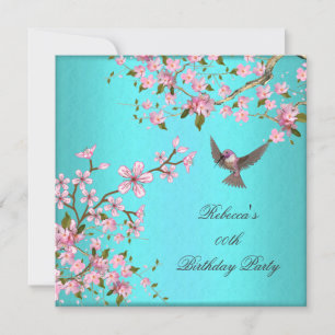 Teal Blue Pink Cherry Blossom Birthday Party Invitation