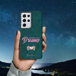 Teal Blue Pink Dream Winged Heart Inspirational Samsung Galaxy S21 Ultra Case<br><div class="desc">This pretty phone case will inspire you and those around you to "remember your dreams".  Aged deep teal background with pink typography.  A pink heart with angel wings in tattoo style.  Add your name to make it your own.</div>
