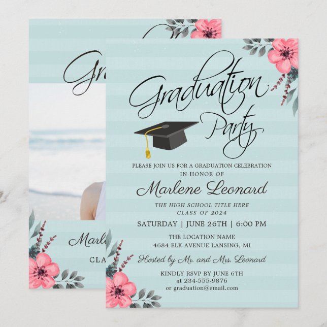 Teal Blue Pink Floral Gold Script Photo Graduation Invitation (Front/Back)
