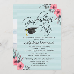 Teal Blue Pink Floral Gold Script Photo Graduation Invitation