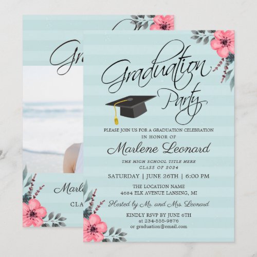 Teal Blue Pink Floral Gold Script Photo Graduation Card