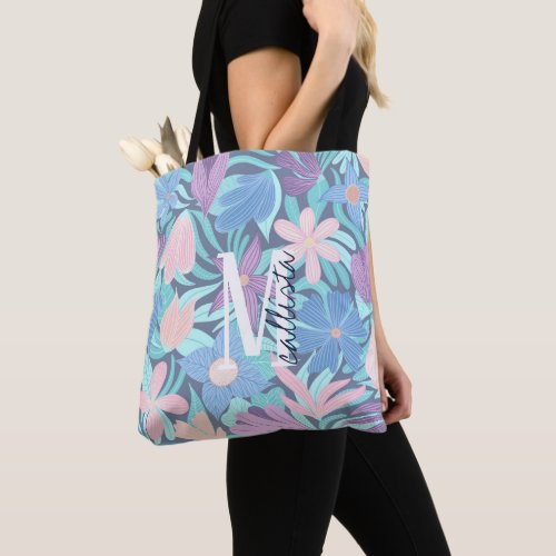 Teal Blue Pink Floral Illustration Monogram Tote Bag