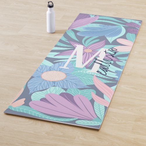Teal Blue Pink Floral Illustration Monogram Yoga Mat