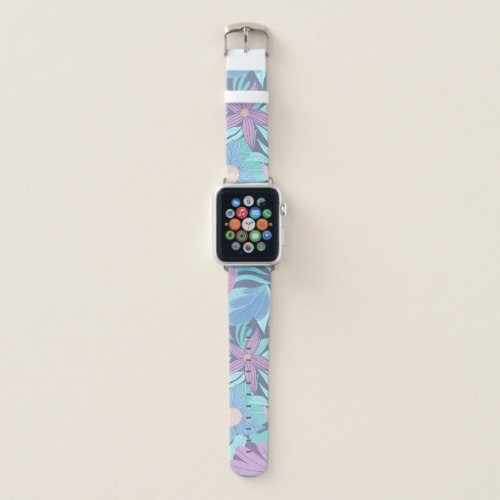 Teal Blue Pink Floral Illustration Pattern Apple Watch Band