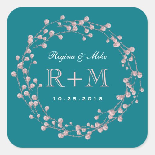 Teal Blue Pink Floral Wreath Wedding Favor Sticker