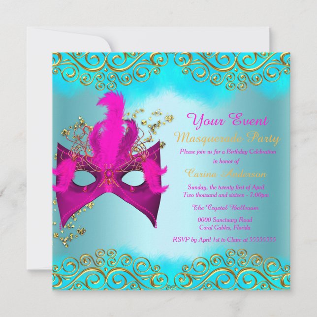 Teal Blue Pink Gold Mask Masquerade Birthday Party Invitation (Front)