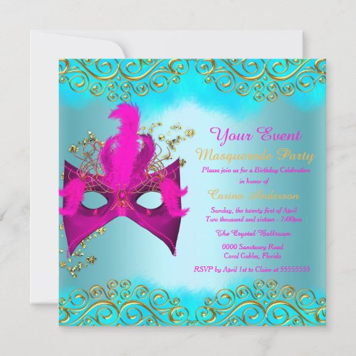 Teal Blue Pink Gold Mask Masquerade Birthday Party Invitation