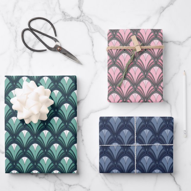 TEAL BLUE PINK GRAY ART DECO PATTERNS WRAPPING PAPER SHEETS (Front)