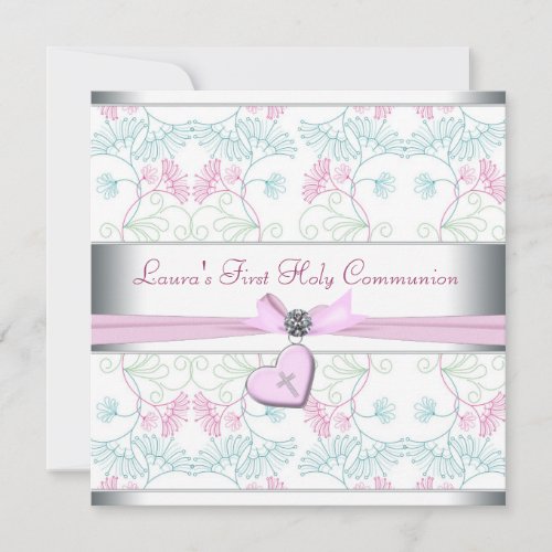 Teal Blue Pink Heart White Pink Cross First Commun Personalized Invites