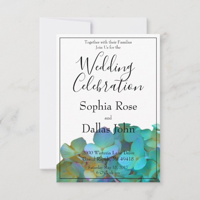 Teal blue pink hydrangeas flowers floral Wedding Invitation (Front)