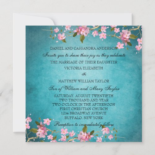 Teal Blue Pink Japanese Cherry Blossoms Wedding Personalized Announcements