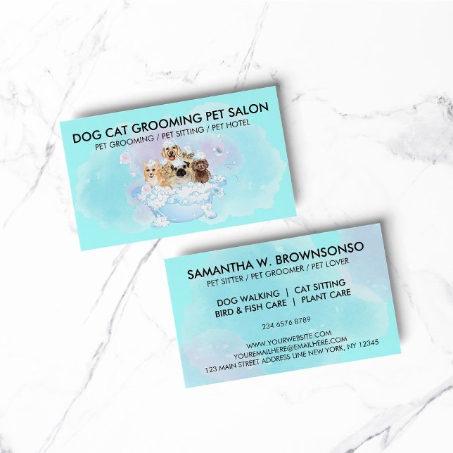 Teal Blue Pink Pet Groomer cats dogs Business Card (pet animal dog cat veterinary farm)