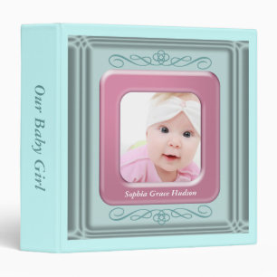 Teal Blue Pink Photo Frame Baby Girl Photo Album 3 Ring Binder