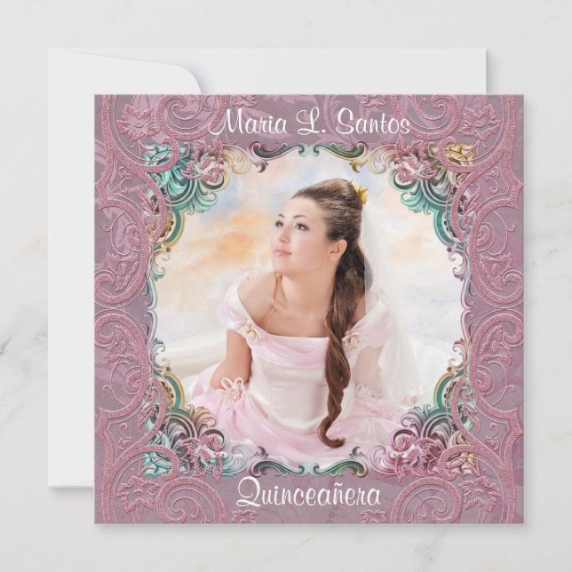 Teal Blue Pink Picture Quinceanera Invitation (Front)