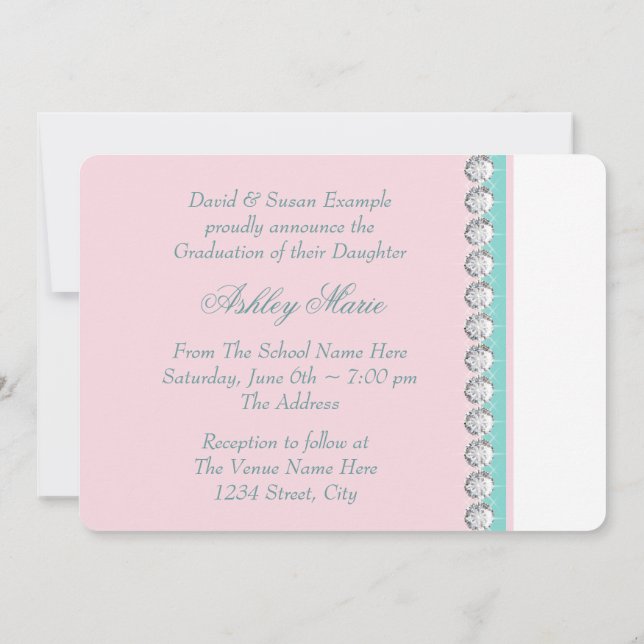 Teal Blue Pink Princess Graduation Announcements (Back)