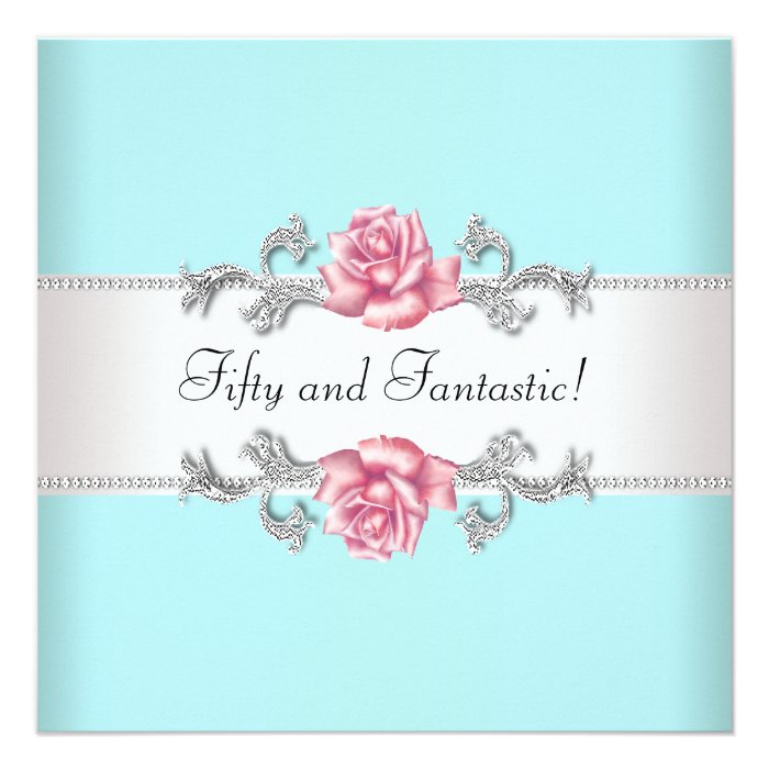 Teal Blue Pink Roses Womans 50th Birthday Party Invite