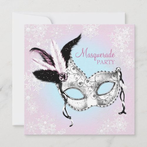 Teal Blue Pink Snowflake Masquerade Party Invitation