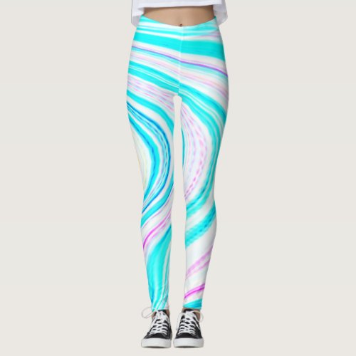 Teal Blue Pink Waves Abstract Modern Art Cute Leggings