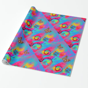 TEAL BLUE PINK WHIMSICAL FLOWERS,GOLD BUTTERFLIES WRAPPING PAPER