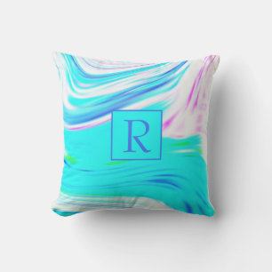 Teal Blue Pink White Abstract Waves Monogram Cute Outdoor Pillow