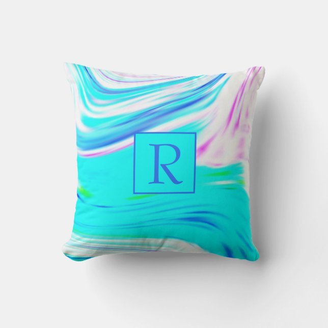 Teal Blue Pink White Abstract Waves Monogram Cute Throw Pillow (Front)