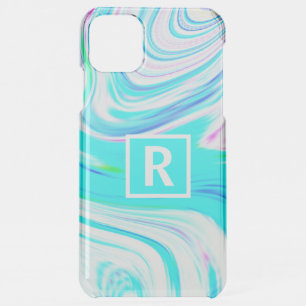 Teal Blue Pink White Abstract Waves Monogram Cute iPhone 11 Pro Max Case