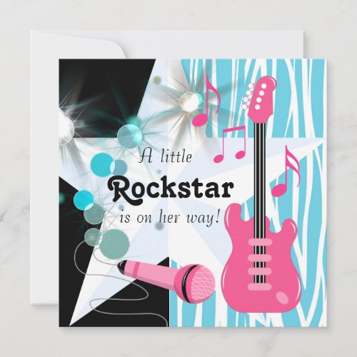 Teal Blue Pink Zebra Rockstar Baby Girl Shower Invitation