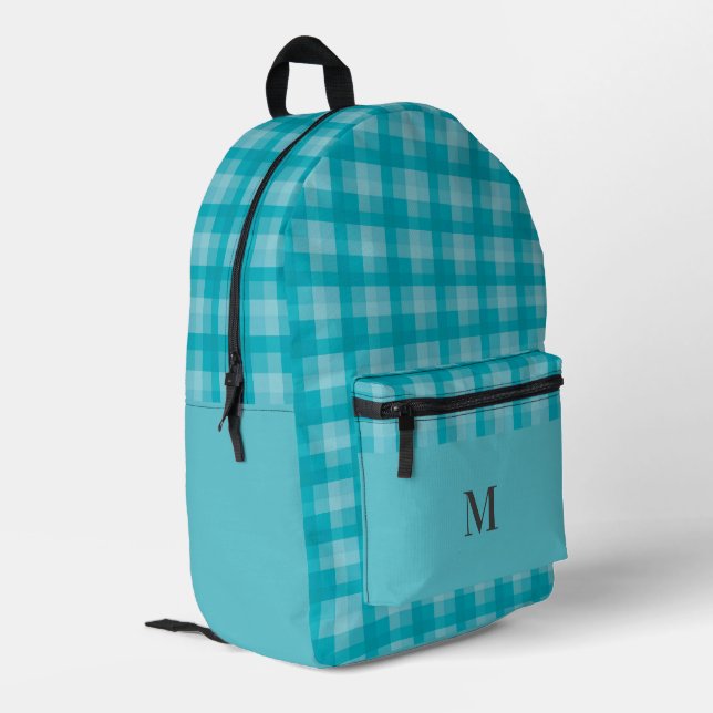 Teal Blue Plaid Checks Personalized Monogram Printed Backpack (Back Corner Left)