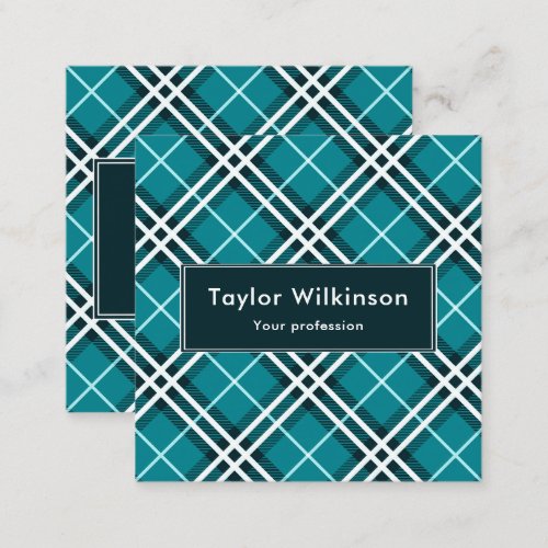 Teal Blue Plaid Square Business Card