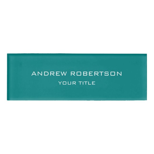 Teal Blue Plain Elegant Minimalist Simple Name Tag (Front)