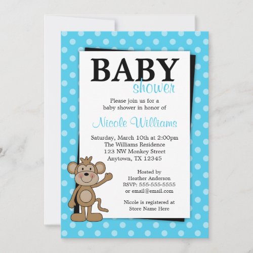 Teal Blue Polka Dot Monkey Baby Shower Invitations