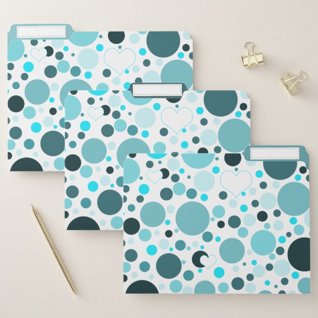 Teal Blue Polka Dots White Hearts File Folder (Set)