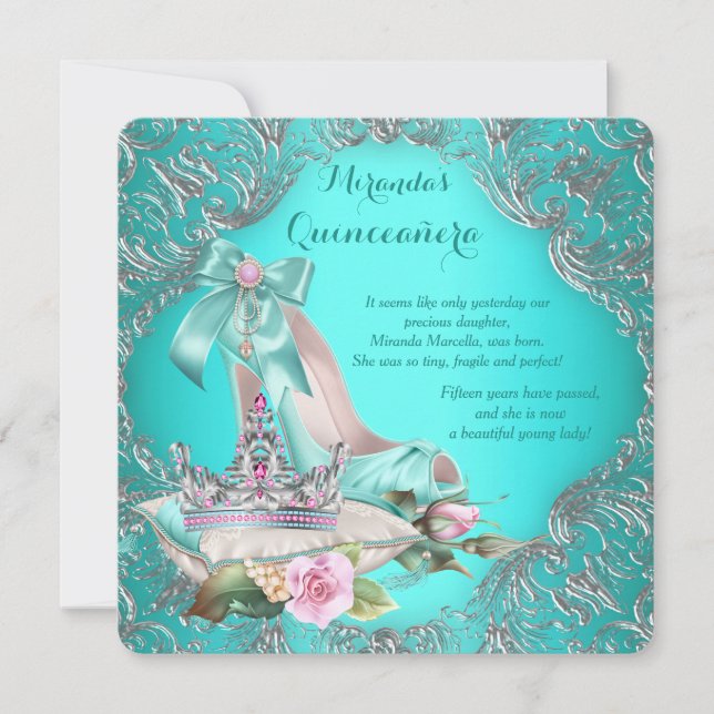 Teal Blue Princess Tiara Quinceanera Invitation (Front)