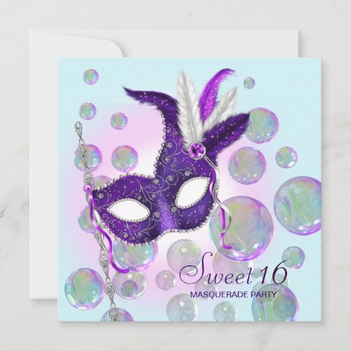 Teal Blue Purple Bubbles Sweet Sixteen Masquerade Invitation