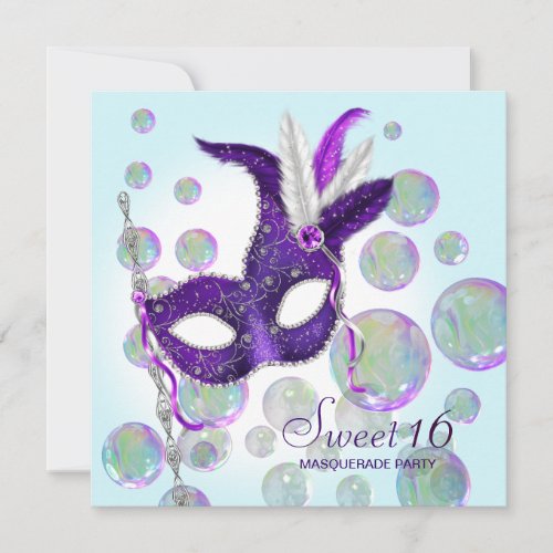 Teal Blue Purple Bubbles Sweet Sixteen Masquerade Announcement