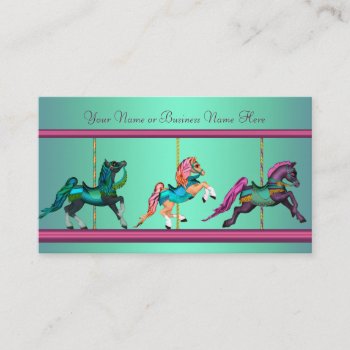 Teal Blue Purple Carousel Painted Horses Business Card by decembermorning at Zazzle