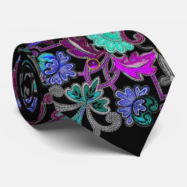 TEAL BLUE PURPLE FLOWERS ,GEMSTONES Black Floral Neck Tie (Rolled)