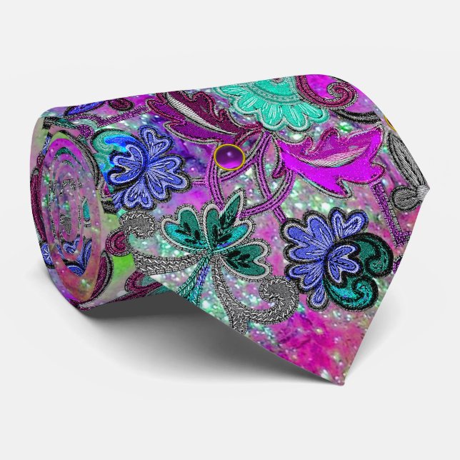 TEAL BLUE PURPLE FLOWERS ,GEMSTONES Floral Pattern Neck Tie (Rolled)