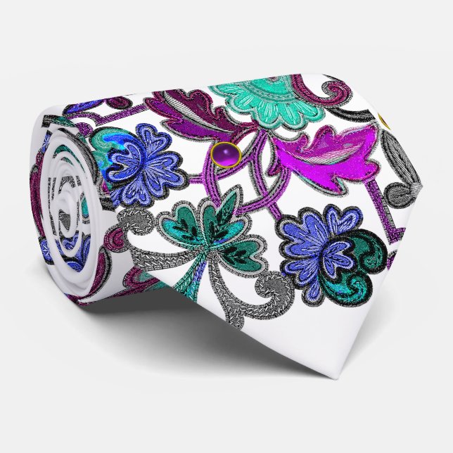 TEAL BLUE PURPLE FLOWERS ,GEMSTONES White Floral Neck Tie (Rolled)