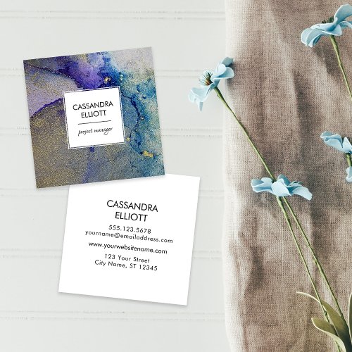 Teal Blue Purple  Gold Abstract Liquid Art Square Business Card