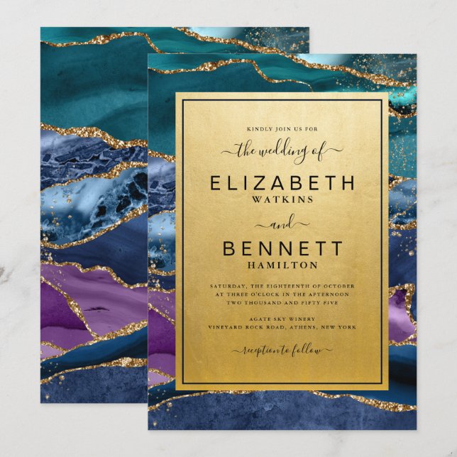 Teal Blue Purple Gold Agate Wedding Invitation (Front/Back)