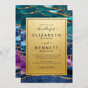 Teal Blue Purple Gold Agate Wedding Invitation