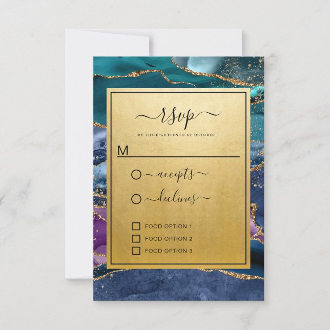 Teal Blue Purple Gold Glitter Agate Wedding RSVP Card (Front)