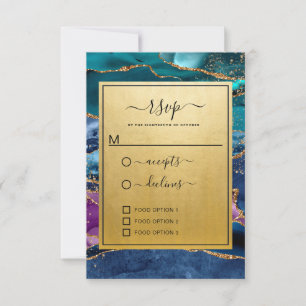 Teal Blue Purple Gold Glitter Agate Wedding RSVP Card