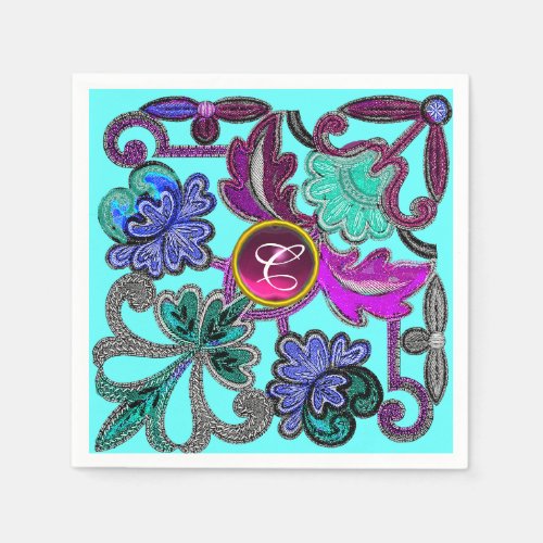 TEAL BLUE PURPLE LACE FLOWER COLORFUL GEM MONOGRAM PAPER NAPKINS