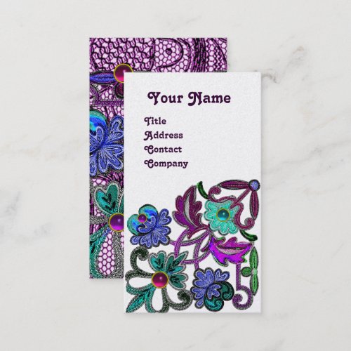 TEAL BLUE PURPLE LACE FLOWERS COLORFUL GEMSTONES BUSINESS CARD