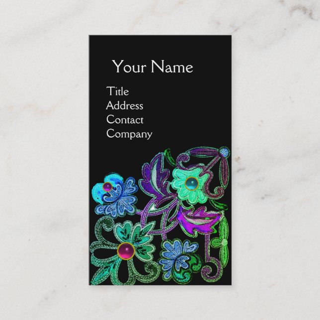 TEAL BLUE PURPLE LACE FLOWERS GEMSTONES Black Business Card (Front)