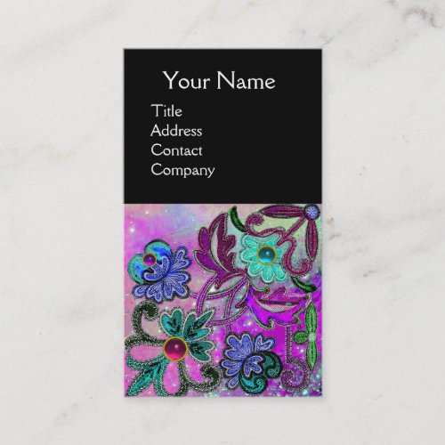 TEAL BLUE PURPLE LACE FLOWERS GEMSTONES Black Business Card