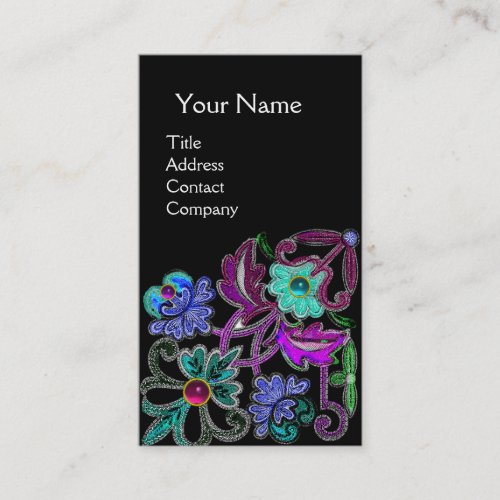 TEAL BLUE PURPLE LACE FLOWERS GEMSTONES Black Business Card