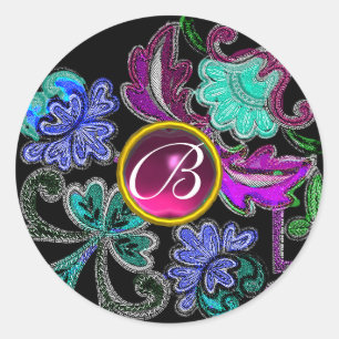 TEAL BLUE PURPLE LACE FLOWERS GEMSTONES Black Classic Round Sticker